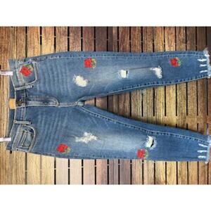 Driftwood Classic Fit Distressed Blue Denim Jeans with Rose Embroidery - Size 26